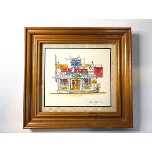 Roger Mason Signed Hand Watercolored Print Drug Store 1990 Framed Art 7x7